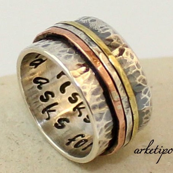 Personalized hammered Ring of sterling silver, brass and copper for men / women (unisex) -Wedding Band- Mens / Womens Band