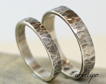 Couples Ring - Wedding Rings Set - Personalized Sterling Silver bands - For Engagement / Promise - Handmade - Hammered