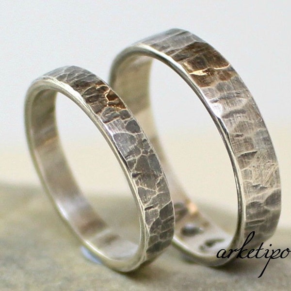 Parenring - Trouwringen Set - Gepersonaliseerde Sterling zilveren bands - Voor verloving / belofte - Handgemaakt - Gehamerd