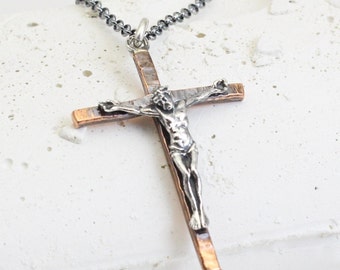 Christian Jesus Cross Necklace - Made of Sterling Silver - Black cord or Sterling Silver Chain - Handmade - For Women and Men