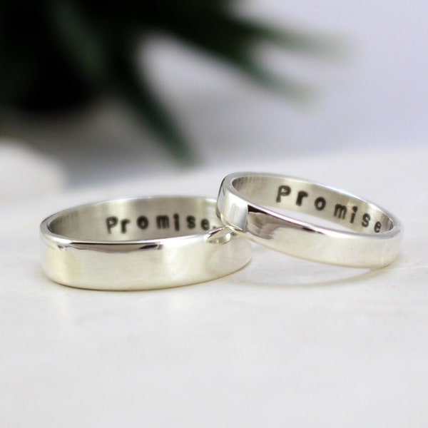 Sterling Silver Matching Promise Rings For Couples - Custom Engraved - Engagement Shinny Silver Rings Set of Two, For Him, For Her