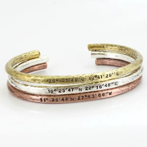Coordinates Cuff Bracelets - GPS - Longitude Latitude - Hammered  - Personalized Cuff bangle- Custom Bangle- Men&#39;s Gift - Women&#39;s Bracelet