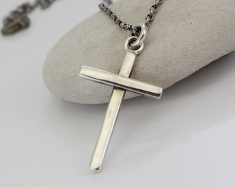 Classic Silver Cross Necklace - Cross Pendant- Sterling Silver Stamp Guarantee - Women's / Men's Cross - Personalized on the back