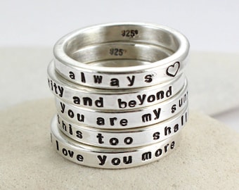 Anillo de plata de ley personalizado - anillo diminuto -anillo de la pareja- alianza - estampado a mano - grabado - regalo personalizado - anillo de pila