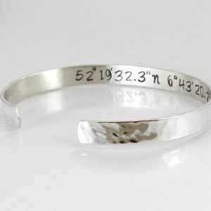 Coordinates Bracelet -Sterling Silver Cuff GPS - Longitude latitude  -Hammered Bangle -Personalized with Coordinates / Words/ Dates