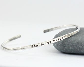 Personalized Bracelet Cuff - You 're my Person- Sterling Silver bangle - Name - Date -Coordinates - Roman Numeral  Proverbs Cuff- Bridesmaid