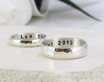 Silver Couple Rings, Wedding Bands, Custom Engraved Inside, Engagement Rings, Promise Rings- Hammered- Handmade - Set of two rings