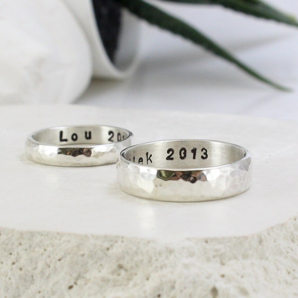 Silver Couple Rings, Wedding Bands, Custom Engraved Inside, Engagement Rings, Promise Rings- Hammered- Handmade - Set of two rings