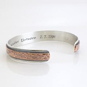 Gehamerd mannen Manchet armband-sterling zilver en koper-gepersonaliseerde binnen-Secret Message-heren Bangle-Rose Gold Cuff
