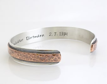 Hammered Men's Cuff Bracelet- Sterling Silver and Copper- Personalized inside - Secret Message - Men's Bangle - Rose Gold Cuff