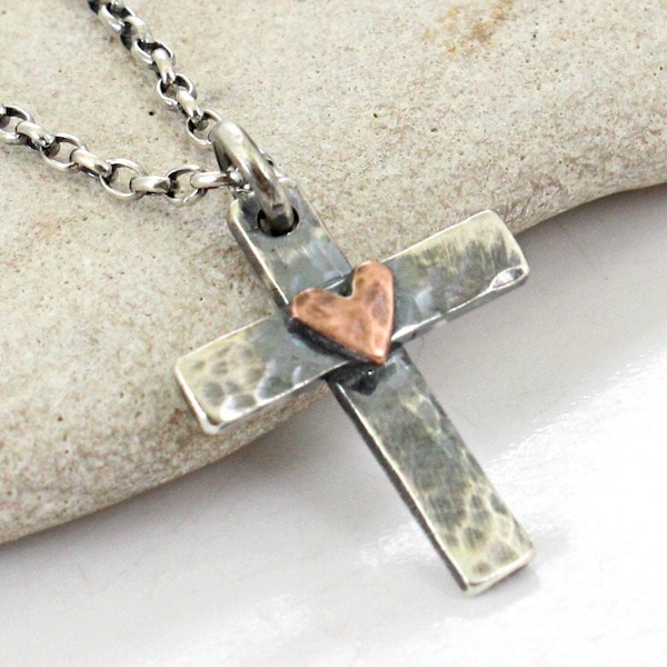 Sterling silver Cross Necklace with Sterling Silver Chain OR Cord -Hammered Handmade Cross.. Men's / Women's Cross pendant .