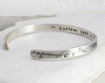 Cuff Bracelet for Men - Sterling Silver Bangle Bracelets for Women - Oxidized - Personalized Engraved Text - Hammered