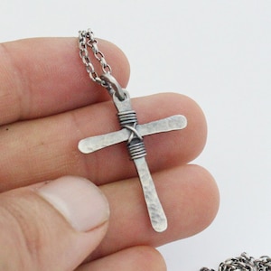 Oxidized Sterling Silver Cross- Black Hammered Stylish Cross - Cord or Silver Chain - Rustic Cross