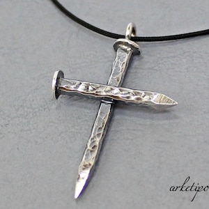Sterling silver Cross Necklace with black cord.. Handmade Cross.. Men's / Women's Cross pendant (unisex)