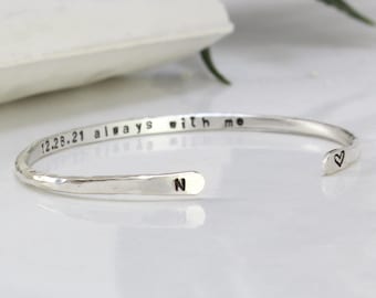 Sterling Silver bangle Bracelet For Men and Women, Hammered, Engraved with Your Text, Bracelet for Couples, For Him, For Her