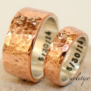 Wedding Bands - Personalized sterling silver and copper Rings - Couple Rings - Rose Gold Color - Hammered Surface