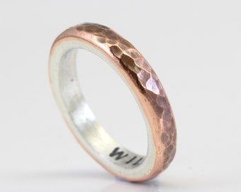 Hammered Men's Ring, Sterling Silver and Copper Ring for Women, Wedding Ring for Men, Promise Ring for Him Her, Custom Engraved Inside