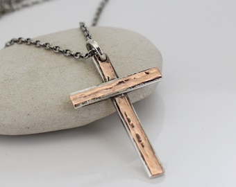 Handmade Silver Copper Cross Necklace -Pendant- Sterling Silver Stamp Guarantee - Personalized on the back