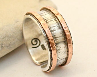 Adjustable Personalized Ring - Sterling Silver and Copper Ring. Hammered - Handmade Ring - Women's Men's Band - Custom Ring