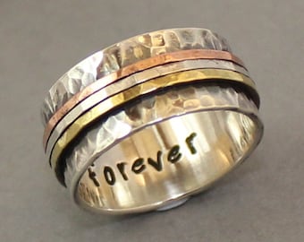 Personalized hammered Ring of sterling silver, brass and copper for men / women (unisex).. Wedding Band.. Mens / Womens Band