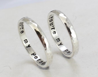 Silver Rings for Couples, You are my person, Sterling silver Wedding Bands, Classic Thin, Hammered, Set of two bands, Personalized inside