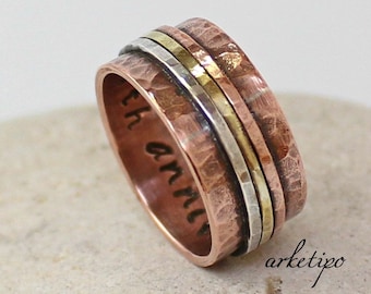 Personalized Copper Ring.. Handmade, hammered Ring of copper, sterling silver and brass.  Ring for men / women (unisex)