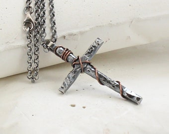 Collier Christian Cross - Made of Sterling Silver- Black Oxidized - Cordon noir ou Chaîne d’argent sterling - Fait main - Pour femmes et hommes