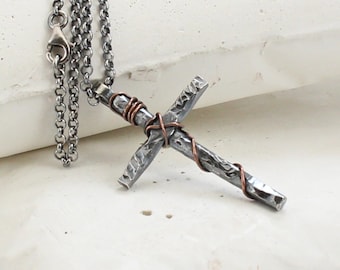 Mens Cross Necklace, Christian Cross, Sterling Silver- Black Oxidized - Black cord or Sterling Silver Chain - Handmade - For Men / Women