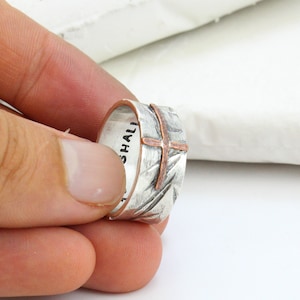 Silver Cross Ring - Hammered - Men&#39;s Band - Wide Ring for Women - Gift for Men - Personalized Engraving Inside - Christian Cross Ring