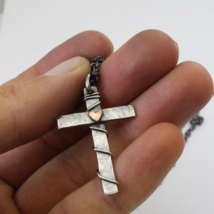 Silver Christian Cross - Sterling silver Cross Heart Necklace with black cord -Handmade Cross.. Men's / Women's Cross pendant .