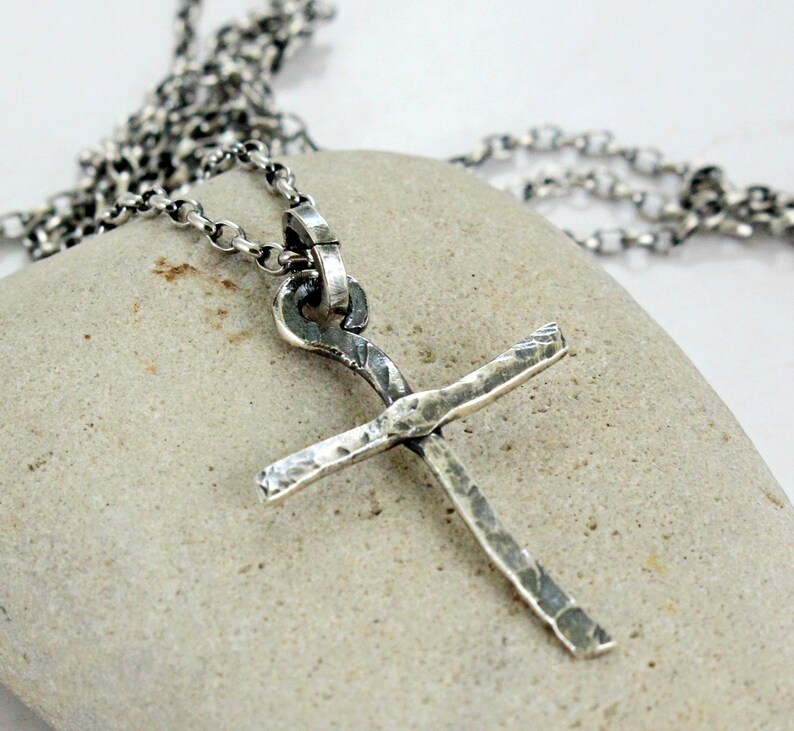 Handmade Hammered Sterling Silver Cross Necklace with Black