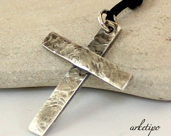 Personalized hammered sterling silver Cross Necklace with black cord.. Handmade Cross.. Men's / Women's Cross pendant (unisex)