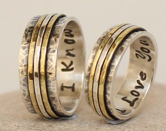 Personalized Wedding Rings - Handmade sterling silver Bands - I love you  / I know - Hand Stamped