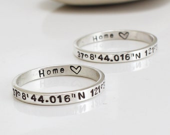 Coordinates Rings - Set of Two - Mother's Daughter's Rings -Couples - Sister's Ring - Family Jewelry - GPS Location Rings - Sterling Silver