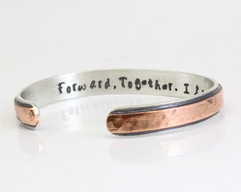 Men's Bracelet, Hammered, Cuff for Women, Custom Engraving, Made of Sterling Silver and Copper Bangle, Gifts for Men, Husband, Wife