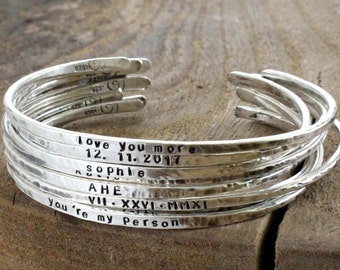 Personalized Thin Silver Cuff -Couples Bracelet -Sterling Silver bangle - Custom -Name - Date -Coordinates - Roman Numeral  Proverbs Cuff