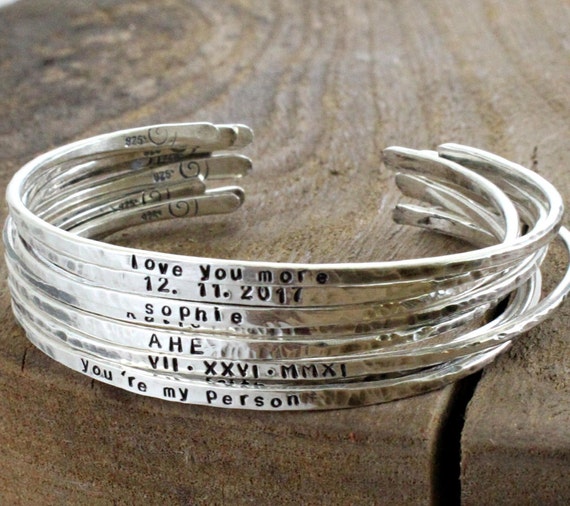 Personalized Thin Silver Cuff -Couples Bracelet -Sterling Silver bangle - Custom -Name - Date -Coordinates - Roman Numeral  Proverbs Cuff