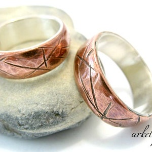 Hochzeit Verlobungsringe - Paare Bands - Sterling Silber und Kupfer - personalisiert - gehämmert