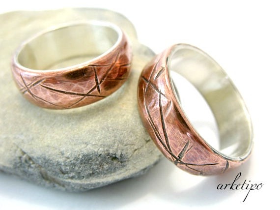 Engagement Wedding Rings - Couples Bands - Sterling Silver and Copper - Personalized - Hammered