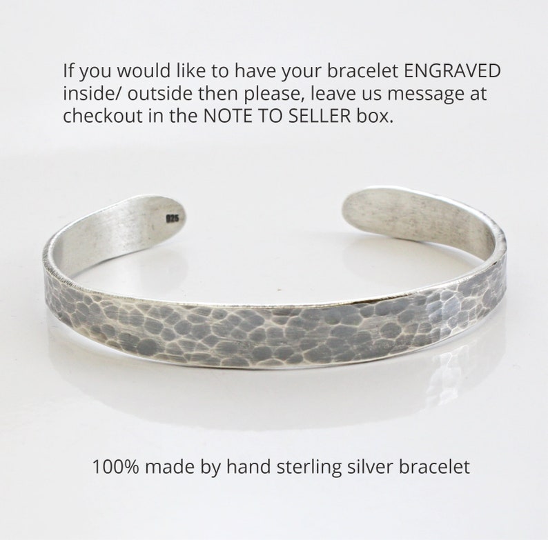 May include: A sterling silver cuff bracelet with a hammered texture. The open-ended bracelet has a simple, elegant design. The text on the image says, "If you would like to have your bracelet ENGRAVED inside/ outside then please, leave us message at checkout in the NOTE TO SELLER box."