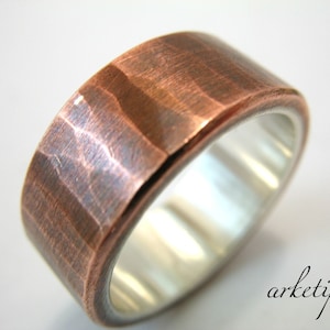 Personalized Wedding Band / Ring - Sterling Silver and Copper Ring. Hammered - Handmade Ring - Sterling Silver and Copper Band.. Custom Ring