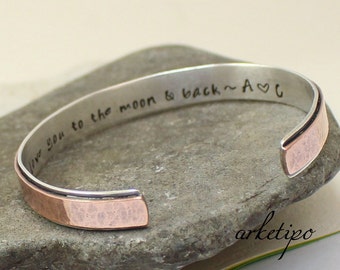 Personalized Sterling Silver and Copper bangle Bracelet.. I love you to the moon and back Bracelet.. Custom Cuff / Bangle