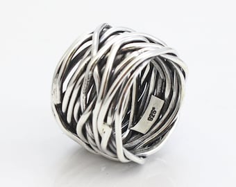 Silver Band -Sterling Silver Ring - Geoxideerd - Cadeau voor haar - Wire Ring - Wide Band Ring