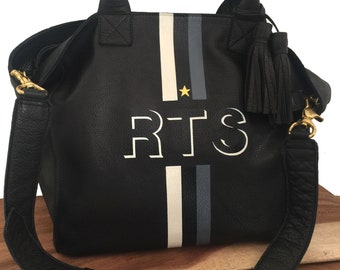 Mini Noha Tote in Black Leather Personalized with 3 stripes, Gold star and Initials