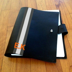 Black Leather Script Cover or Notebook Cover with hand painted stripes image 1