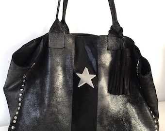 Jake en cuero desenredado plata con raya central y estrella de sombra plateada
