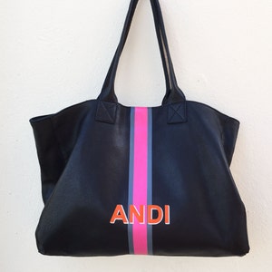 JAKE Tote in Black Leather with center stripes in Gray/Hot Pink/Gray with Orange Shadowed Initials
