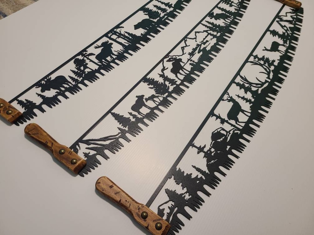 Cross Cut Saw Rustic Metal Cabin Art With Wildlife Plasma Cut Etsy
