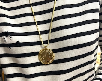 Beautiful Antique Style Coin on a Snake Gold Necklace, Long Coin Necklace