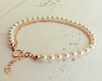 Pearls & Gold Bracelet, Pearl Bracelet, Bridesmaid Gifts, Bridal Jewelry, Personalized Gift, Flower Girl, Wedding bracelet